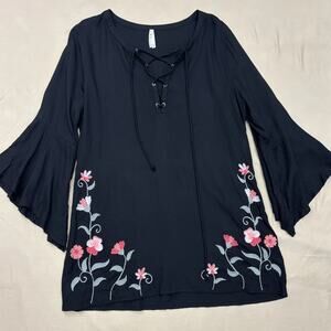 Roper Women's Black Tunic Pink Floral Embroidery w/ Bell Sleeves Size Medium